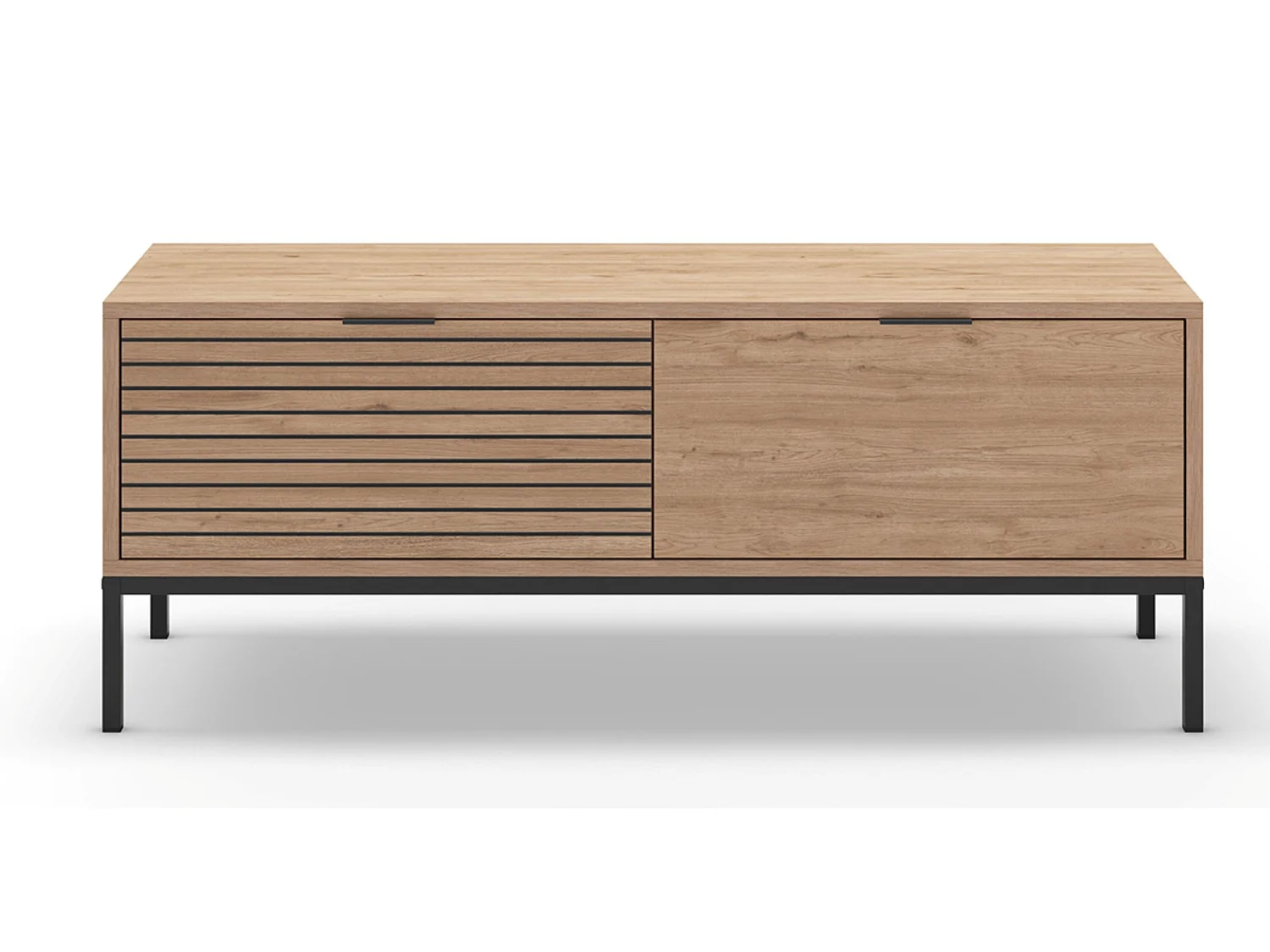 Meuble TV, Meuble de salon avec 2 tiroirs aspect bois coloris naturel, pieds en métal coloris noir - Longueur 120 x Profondeur 40 x Hauteur 48 cm