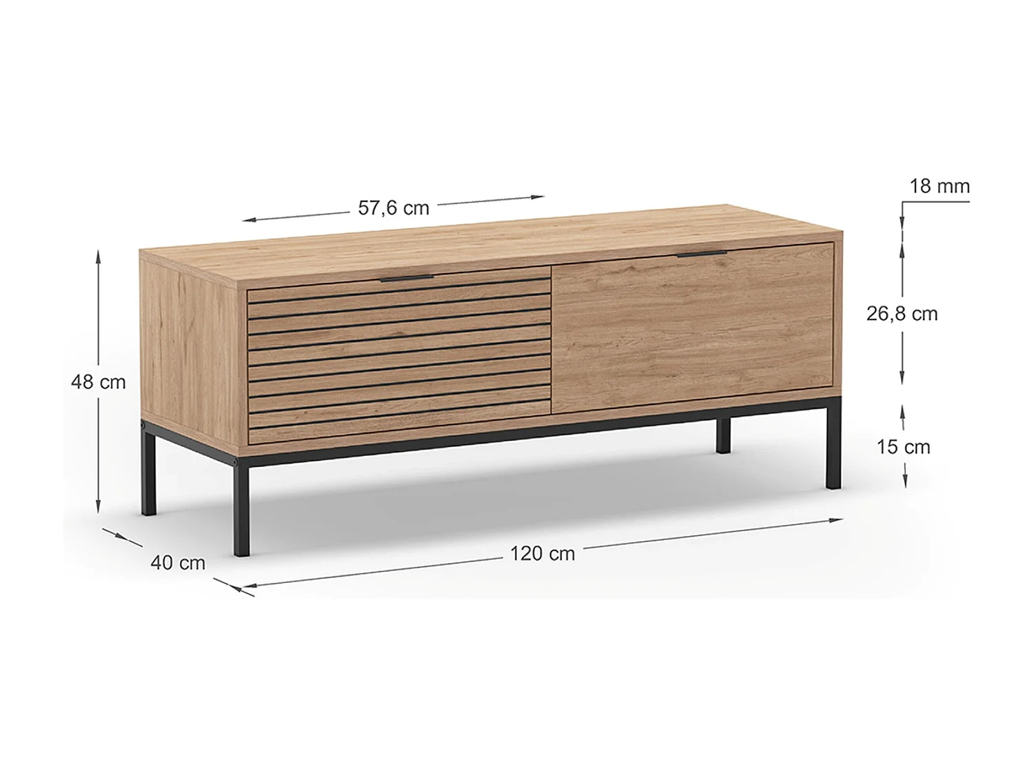 Meuble TV, Meuble de salon avec 2 tiroirs aspect bois coloris naturel, pieds en métal coloris noir - Longueur 120 x Profondeur 40 x Hauteur 48 cm