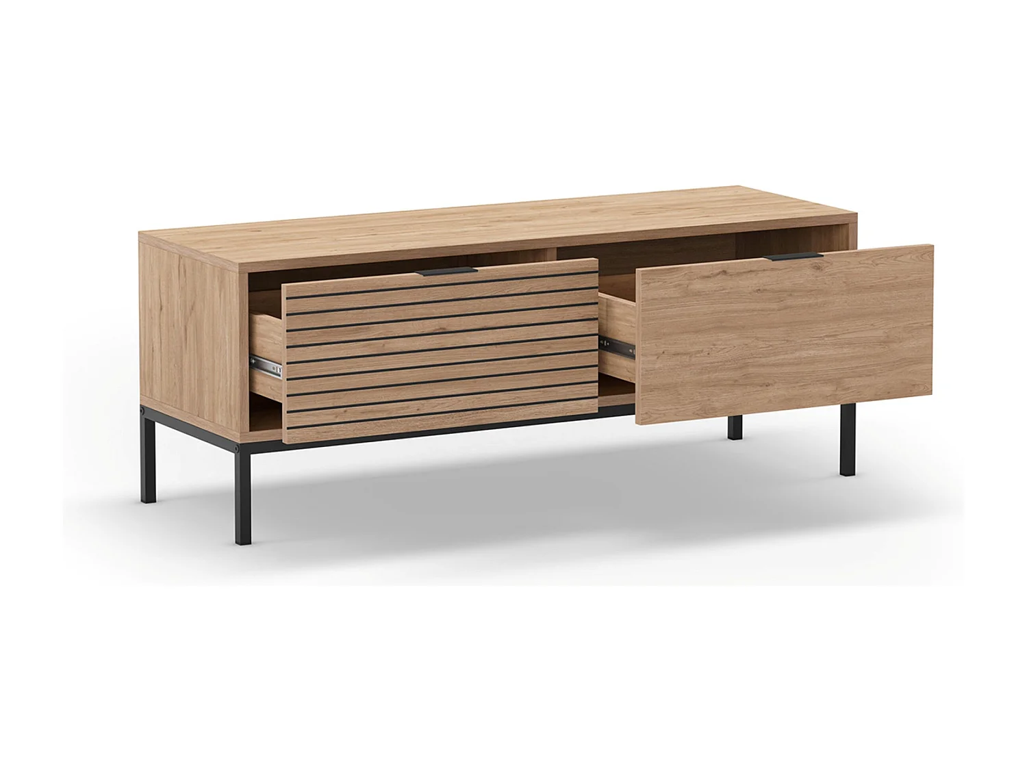 Meuble TV, Meuble de salon avec 2 tiroirs aspect bois coloris naturel, pieds en métal coloris noir - Longueur 120 x Profondeur 40 x Hauteur 48 cm