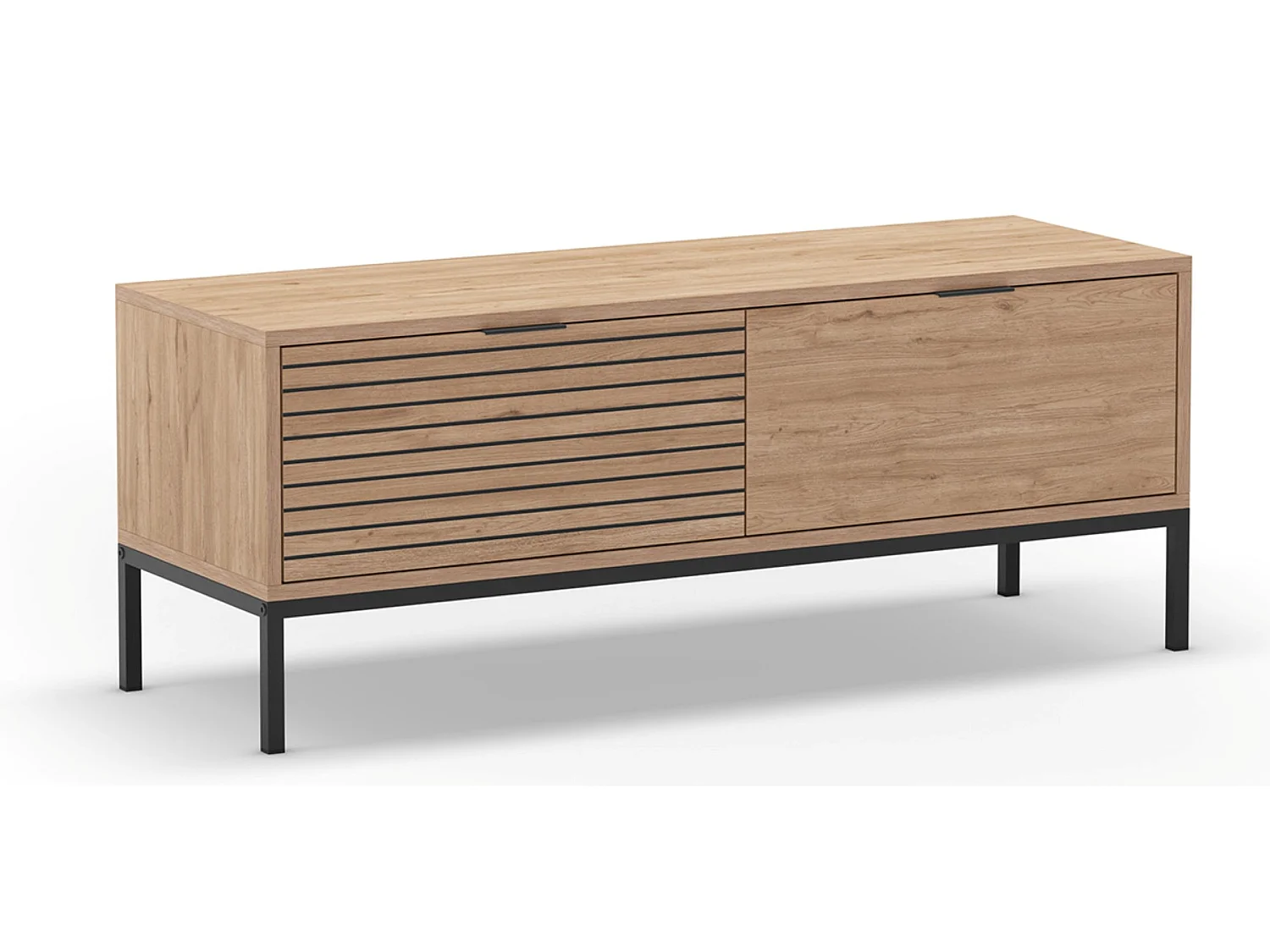 Meuble TV, Meuble de salon avec 2 tiroirs aspect bois coloris naturel, pieds en métal coloris noir - Longueur 120 x Profondeur 40 x Hauteur 48 cm