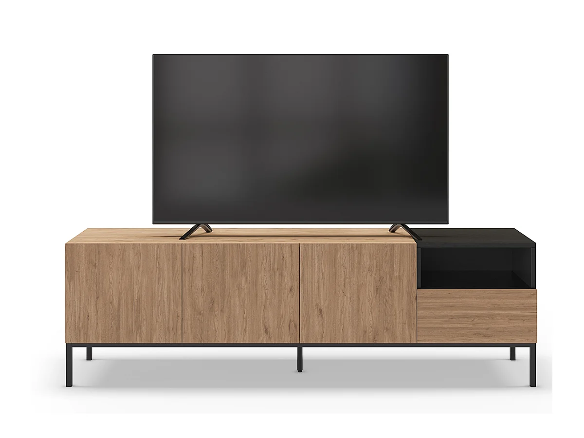 Meuble TV, Meuble de salon aspect bois avec 3 portes et 1 tiroir, pieds en métal coloris noir -Longueur 180 x Profondeur 42 x Hauteur 55 cm