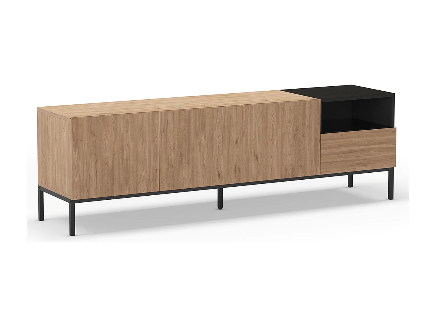 Meuble TV, Meuble de salon aspect bois avec 3 portes et 1 tiroir, pieds en métal coloris noir -Longueur 180 x Profondeur 42 x Hauteur 55 cm