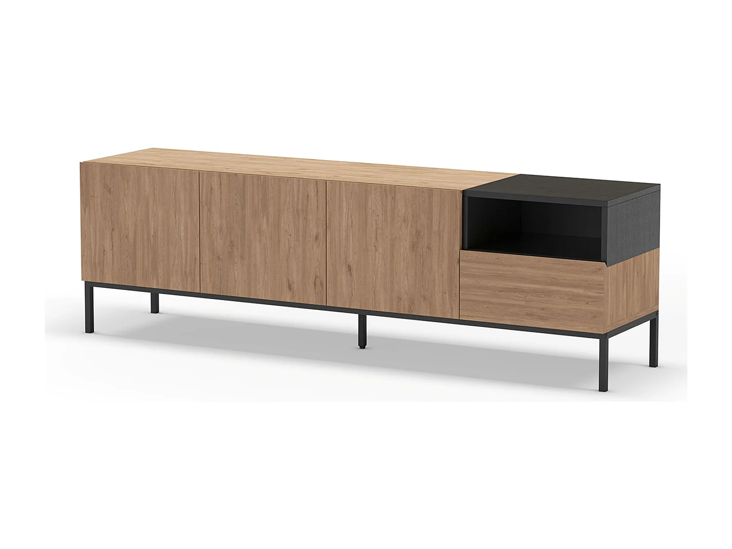 Meuble TV, Meuble de salon aspect bois avec 3 portes et 1 tiroir, pieds en métal coloris noir -Longueur 180 x Profondeur 42 x Hauteur 55 cm