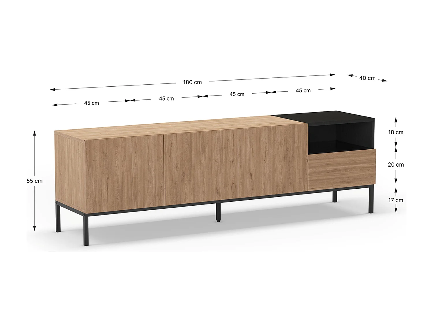 Meuble TV, Meuble de salon aspect bois avec 3 portes et 1 tiroir, pieds en métal coloris noir -Longueur 180 x Profondeur 42 x Hauteur 55 cm