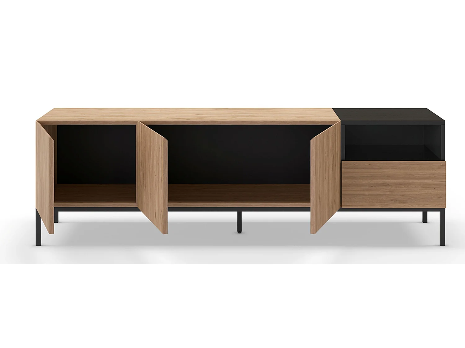 Meuble TV, Meuble de salon aspect bois avec 3 portes et 1 tiroir, pieds en métal coloris noir -Longueur 180 x Profondeur 42 x Hauteur 55 cm