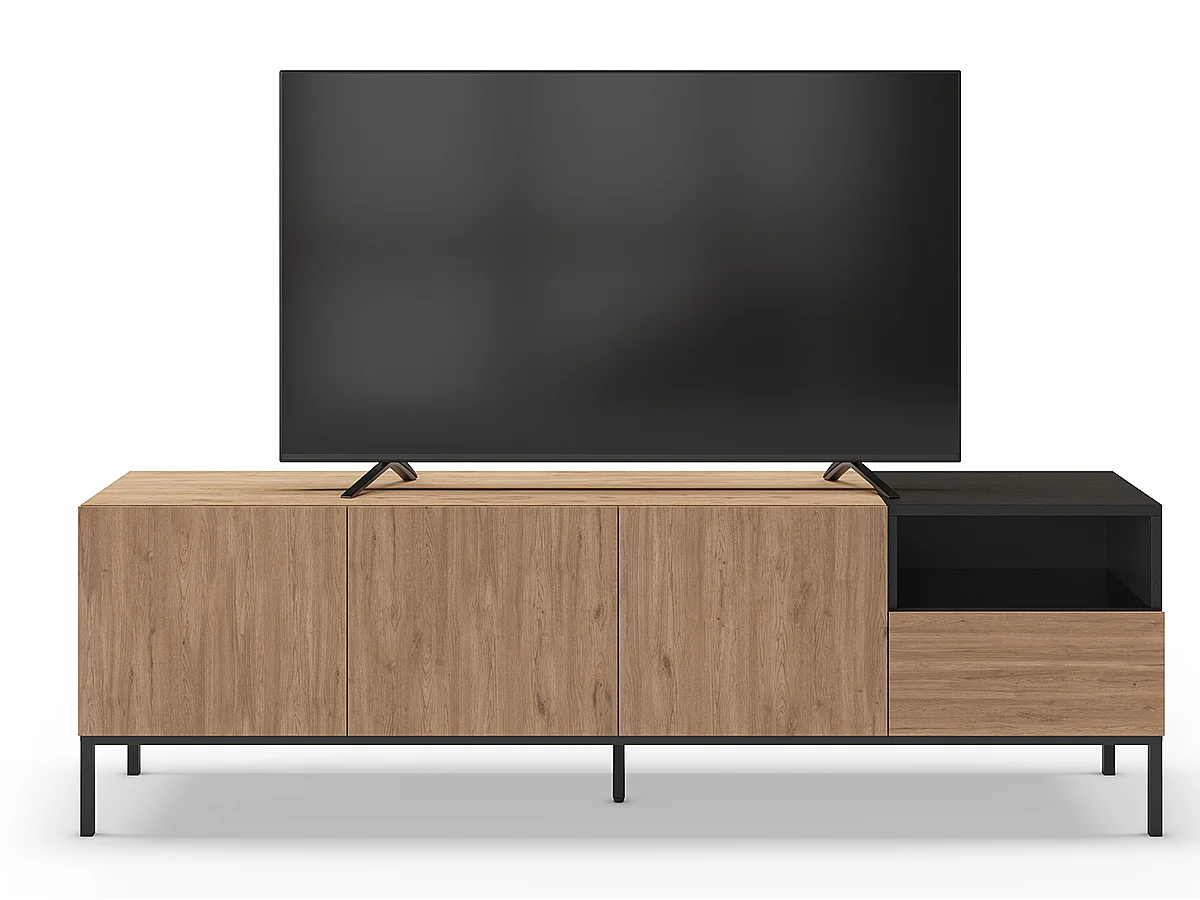 Meuble TV, Meuble de salon aspect bois avec 3 portes et 1 tiroir, pieds en métal coloris noir -Longueur 180 x Profondeur 42 x Hauteur 55 cm