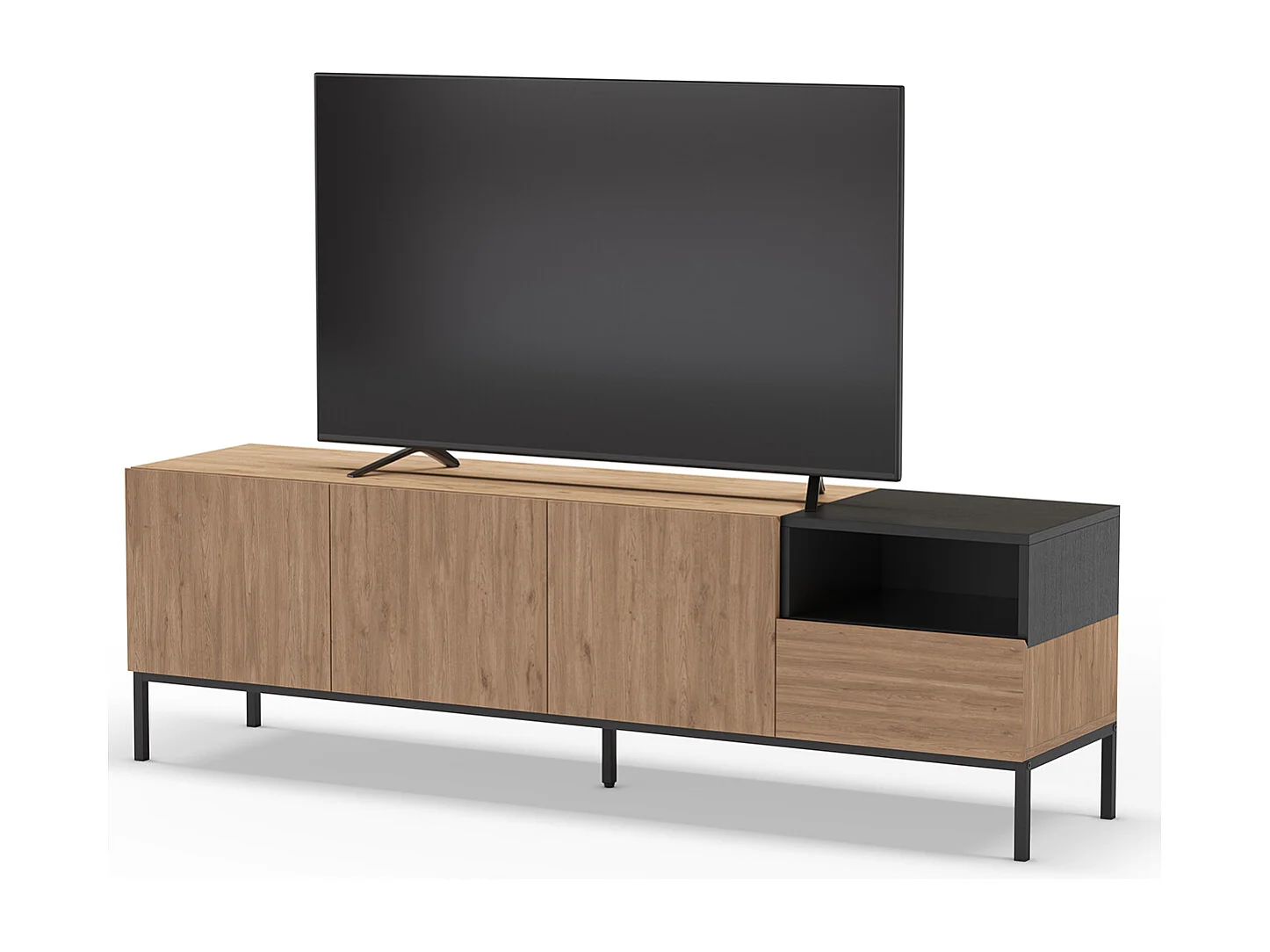 Meuble TV, Meuble de salon aspect bois avec 3 portes et 1 tiroir, pieds en métal coloris noir -Longueur 180 x Profondeur 42 x Hauteur 55 cm