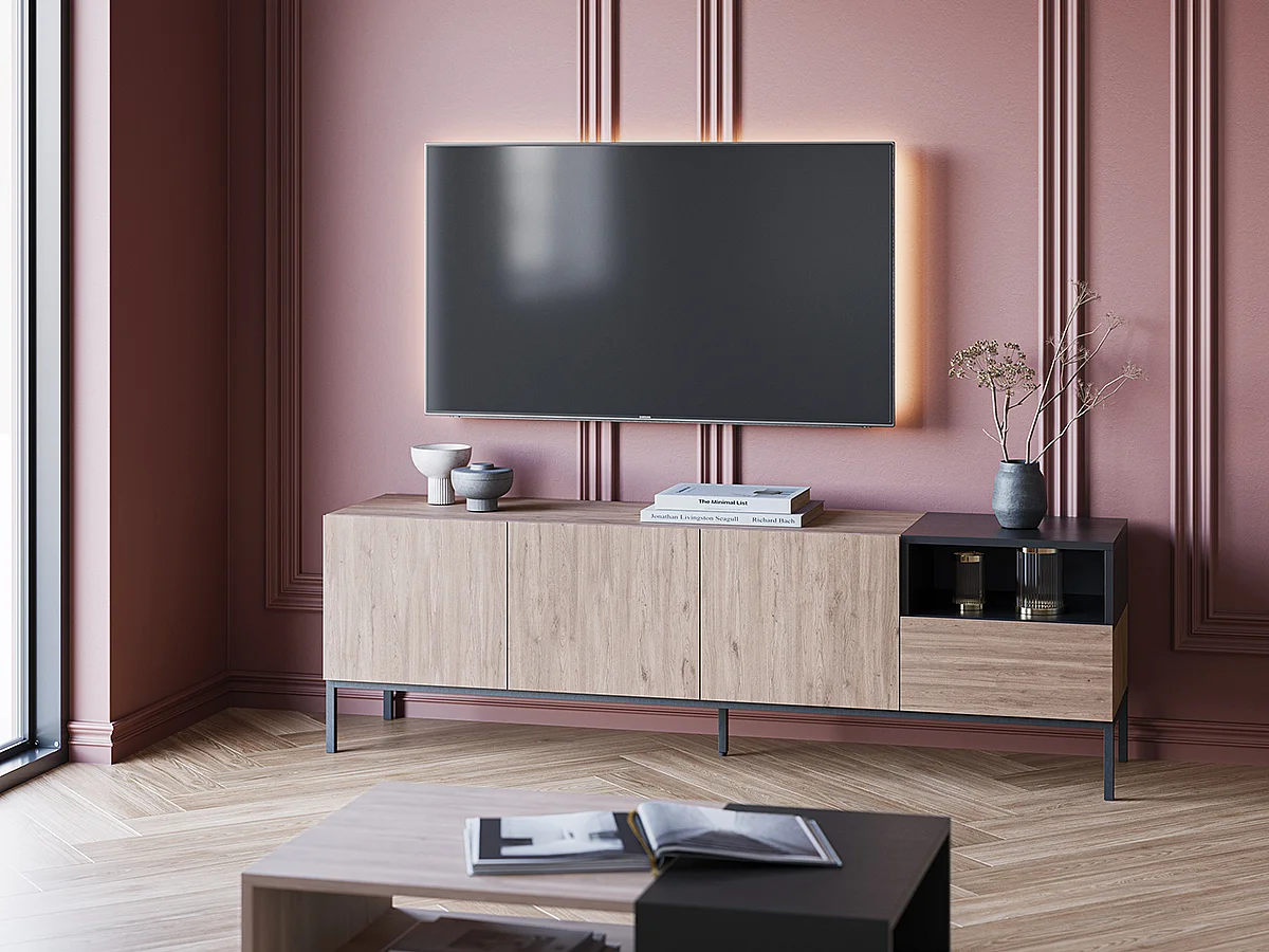 Meuble TV, Meuble de salon aspect bois avec 3 portes et 1 tiroir, pieds en métal coloris noir -Longueur 180 x Profondeur 42 x Hauteur 55 cm