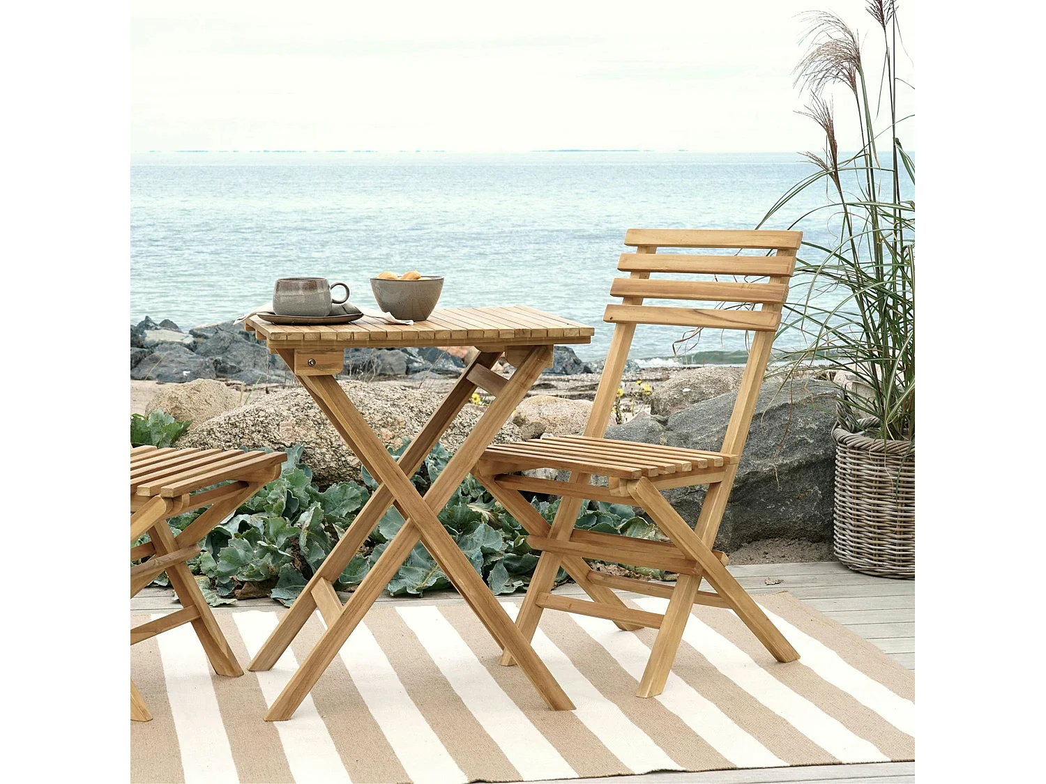 Tapis d'extérieur écoresponsable - rayures beige/blanc MENDOZA