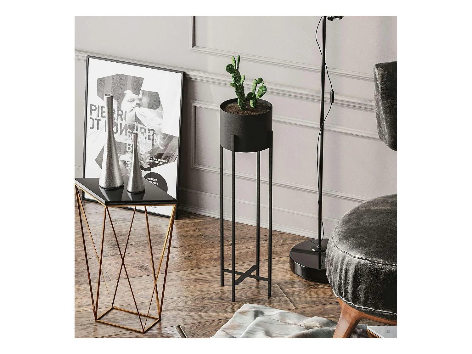 Cache-pot sur pied en métal noir – style moderne, 78 cm