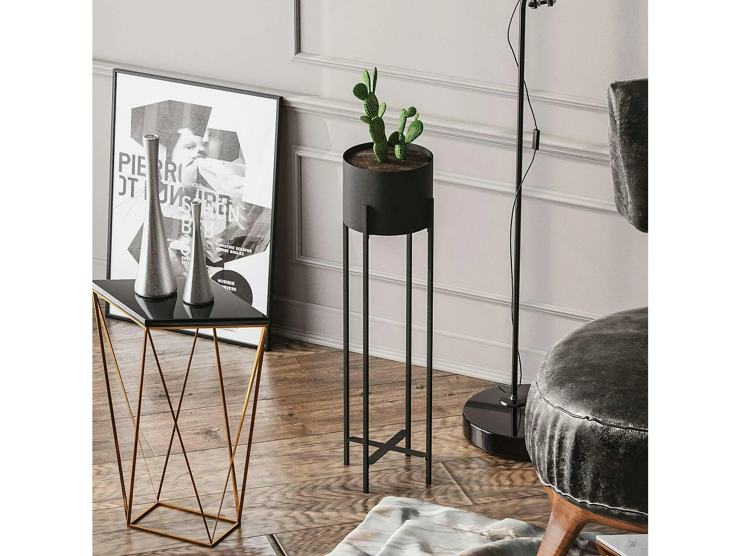 Cache-pot sur pied en métal noir – style moderne, 78 cm