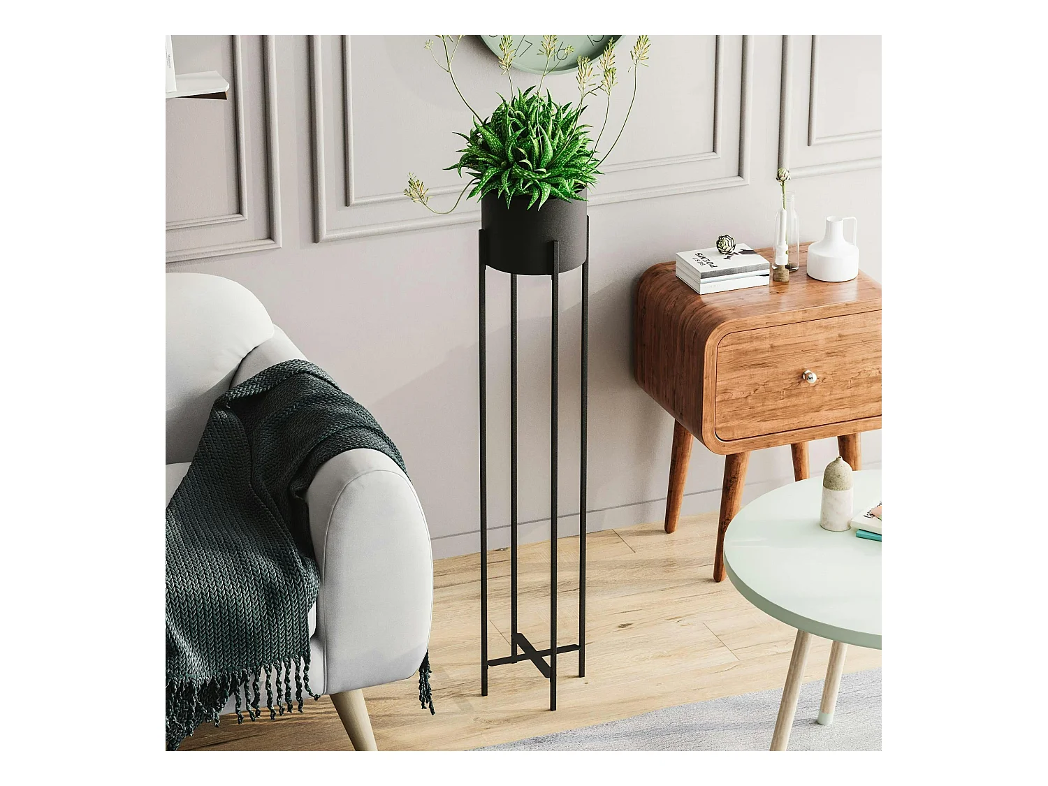 Cache-pot sur pied en métal noir – style moderne, 108 cm