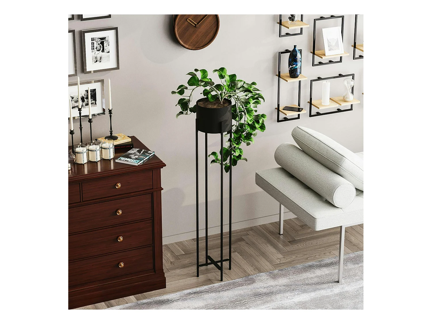 Cache-pot sur pied en métal noir – style moderne, 108 cm
