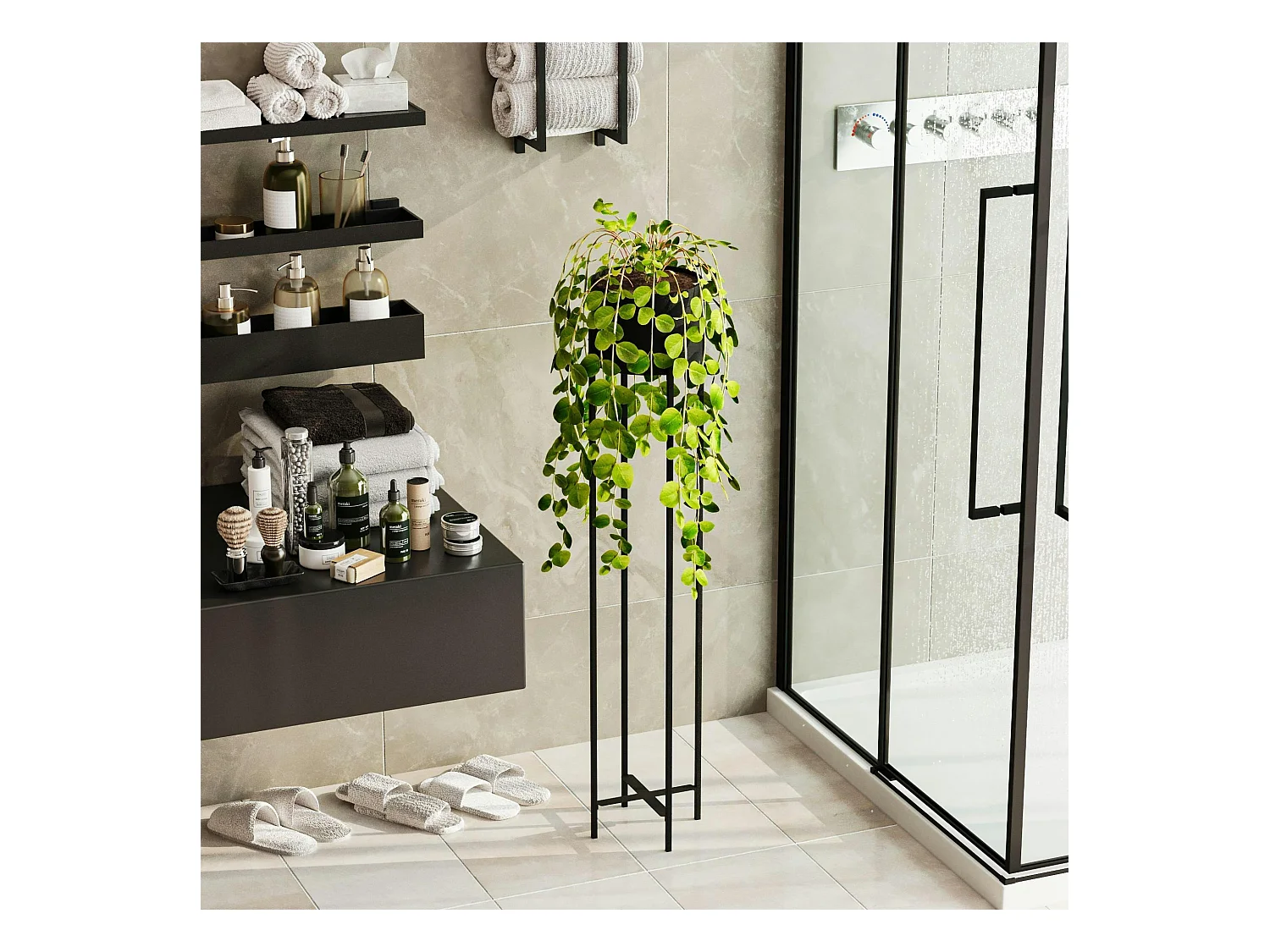 Cache-pot sur pied en métal noir – style moderne, 108 cm