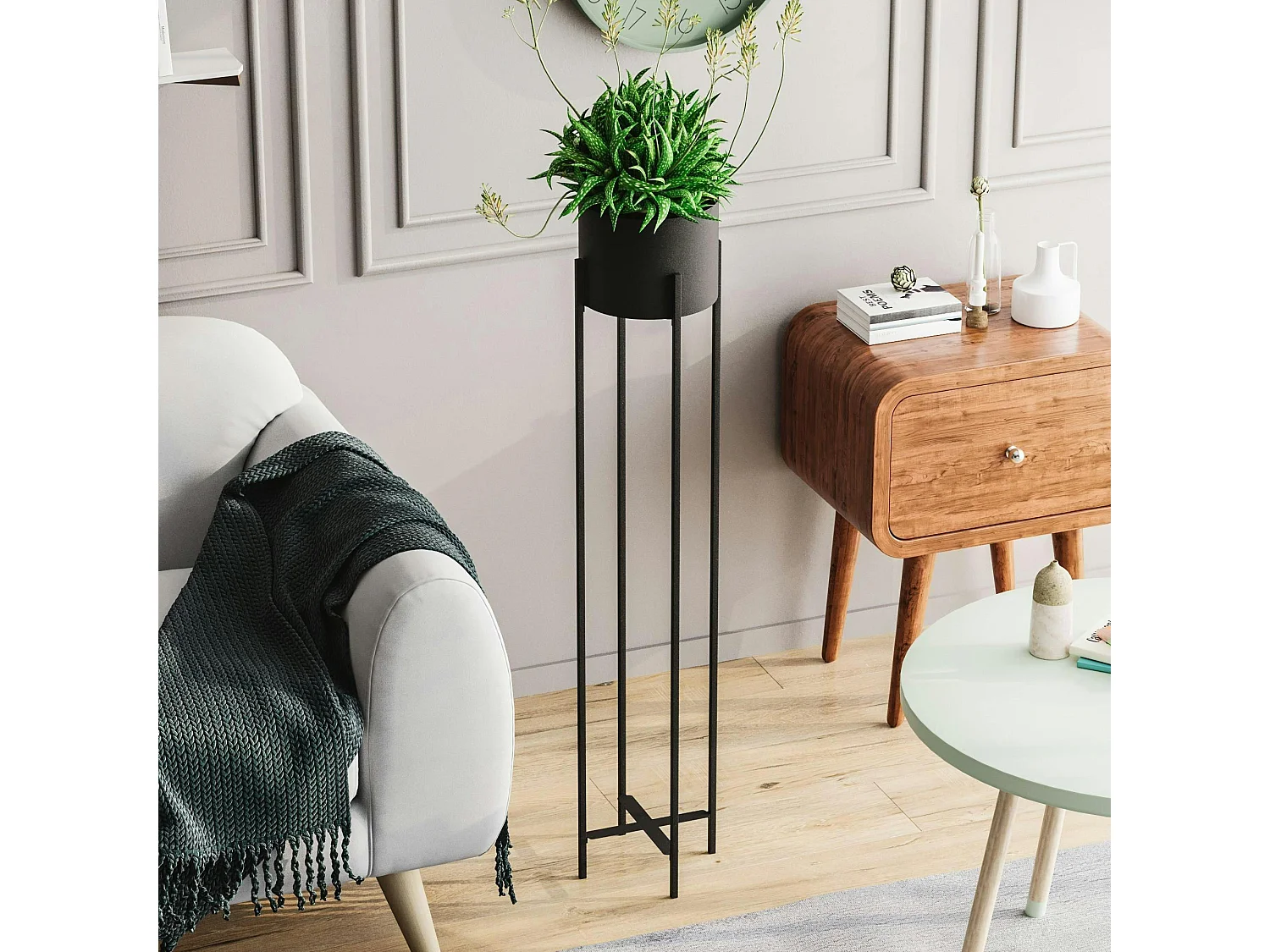 Cache-pot sur pied en métal noir – style moderne, 108 cm