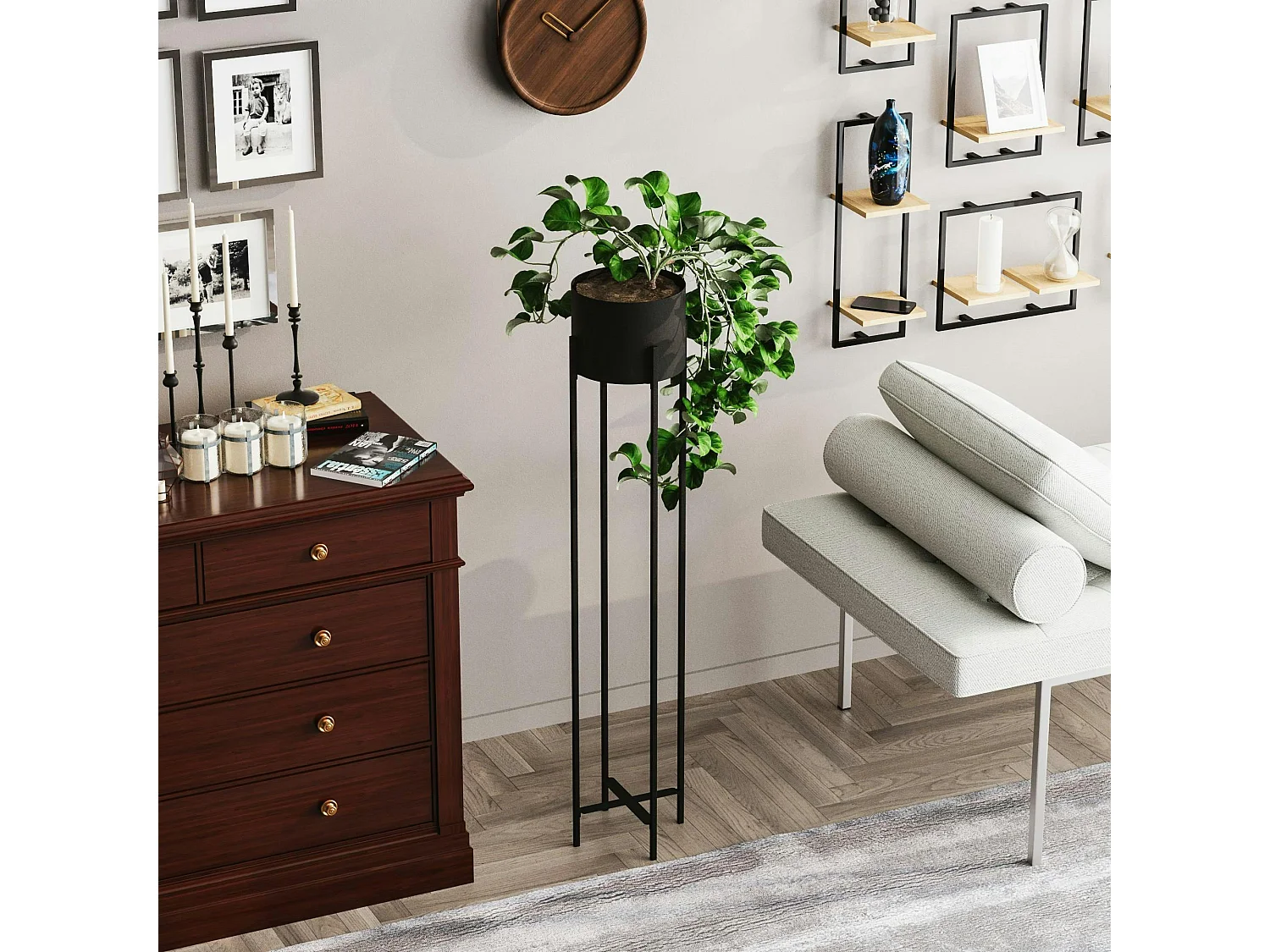 Cache-pot sur pied en métal noir – style moderne, 108 cm