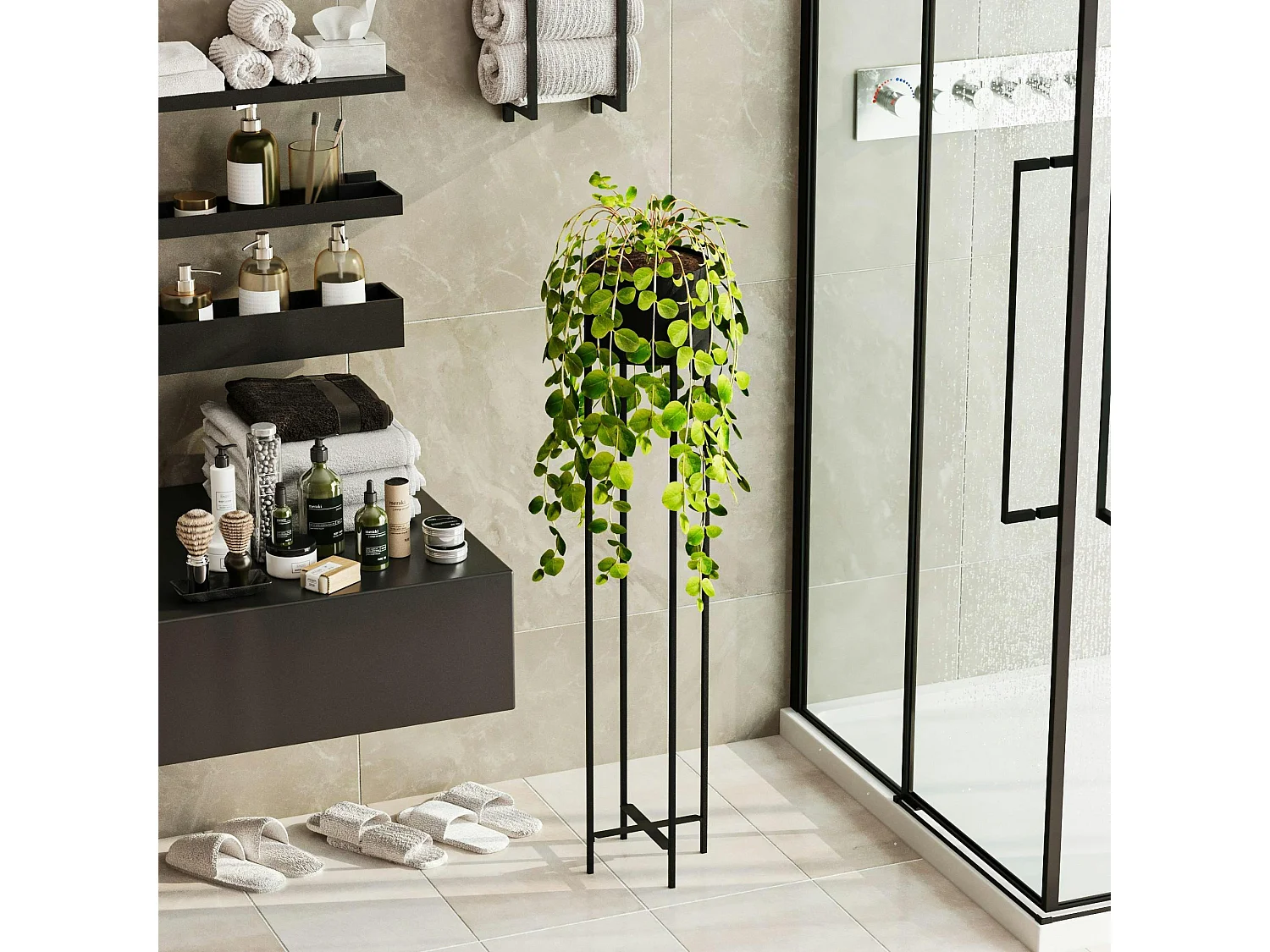 Cache-pot sur pied en métal noir – style moderne, 108 cm