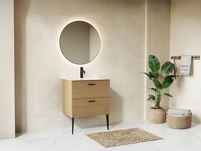 Mobile sottolavabo striato con piedini - 2 cassetti - Naturale chiaro - 60 cm - SARONE