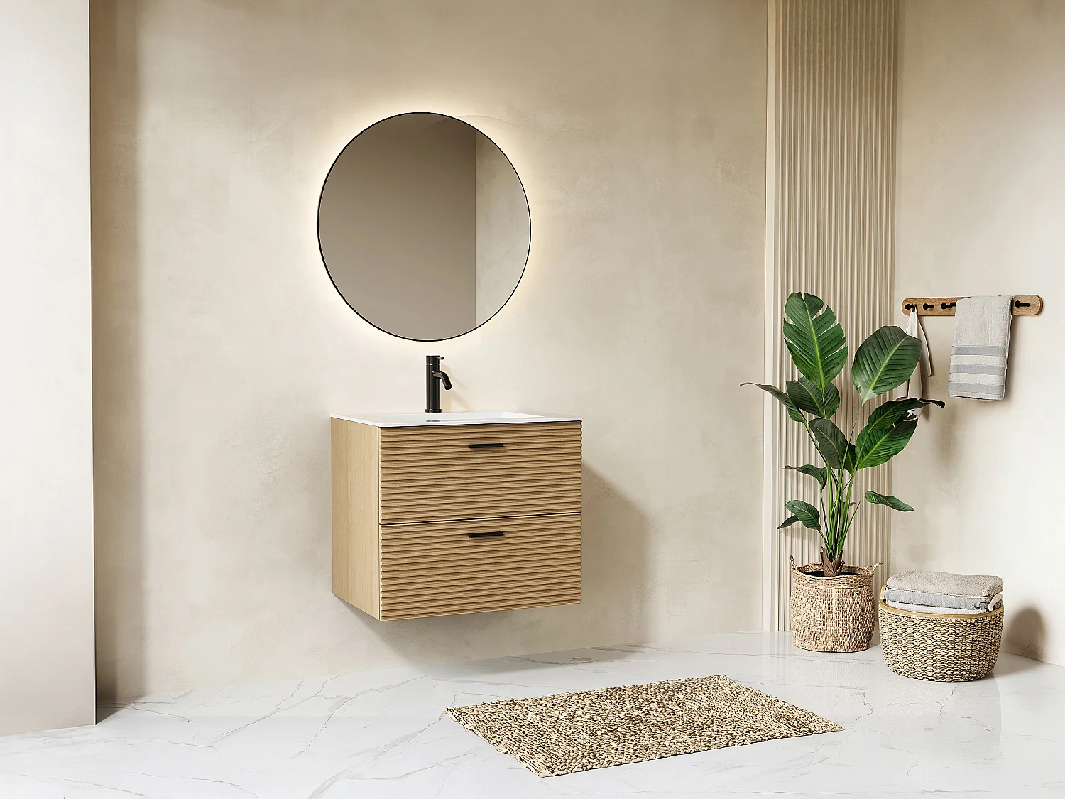 Meuble de salle de bain suspendu strié avec vasque à encastrer - 2 tiroirs - Naturel clair - 60 cm - SARONE