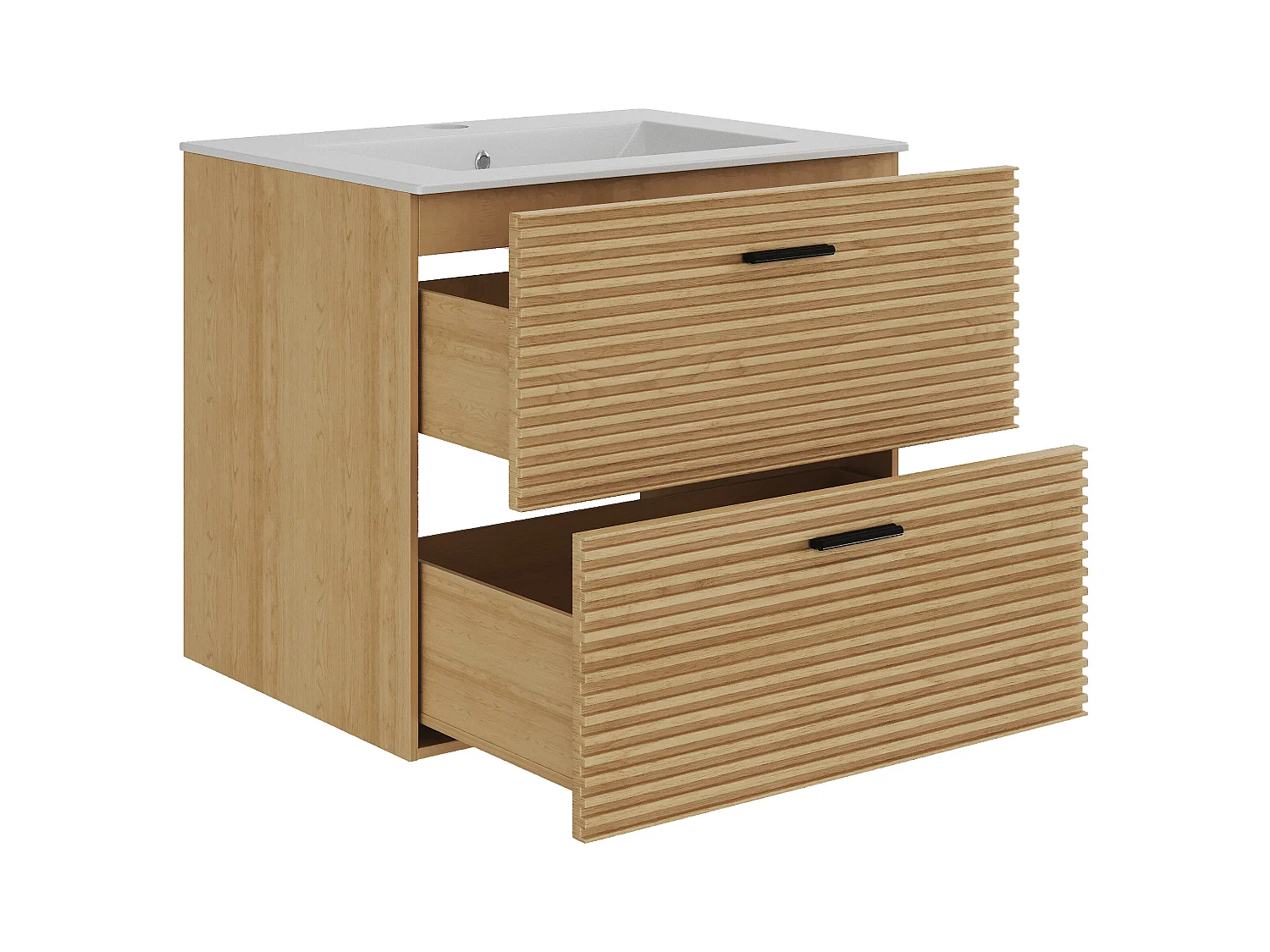 Meuble de salle de bain suspendu strié avec vasque à encastrer - 2 tiroirs - Naturel clair - 60 cm - SARONE