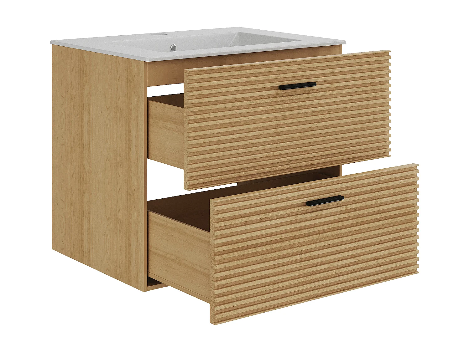 Szafka łazienkowa wisząca  prążkowana z umywalką nablatową - 2 szuflady - Jasne drewno naturalne - 60 cm - SARONE