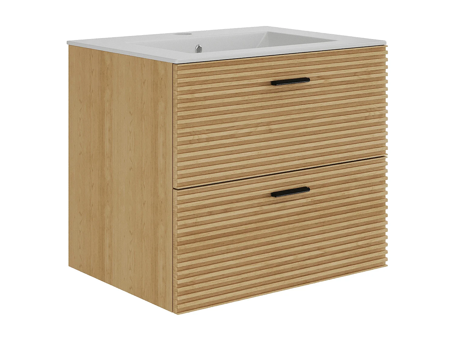 Szafka łazienkowa wisząca  prążkowana z umywalką nablatową - 2 szuflady - Jasne drewno naturalne - 60 cm - SARONE