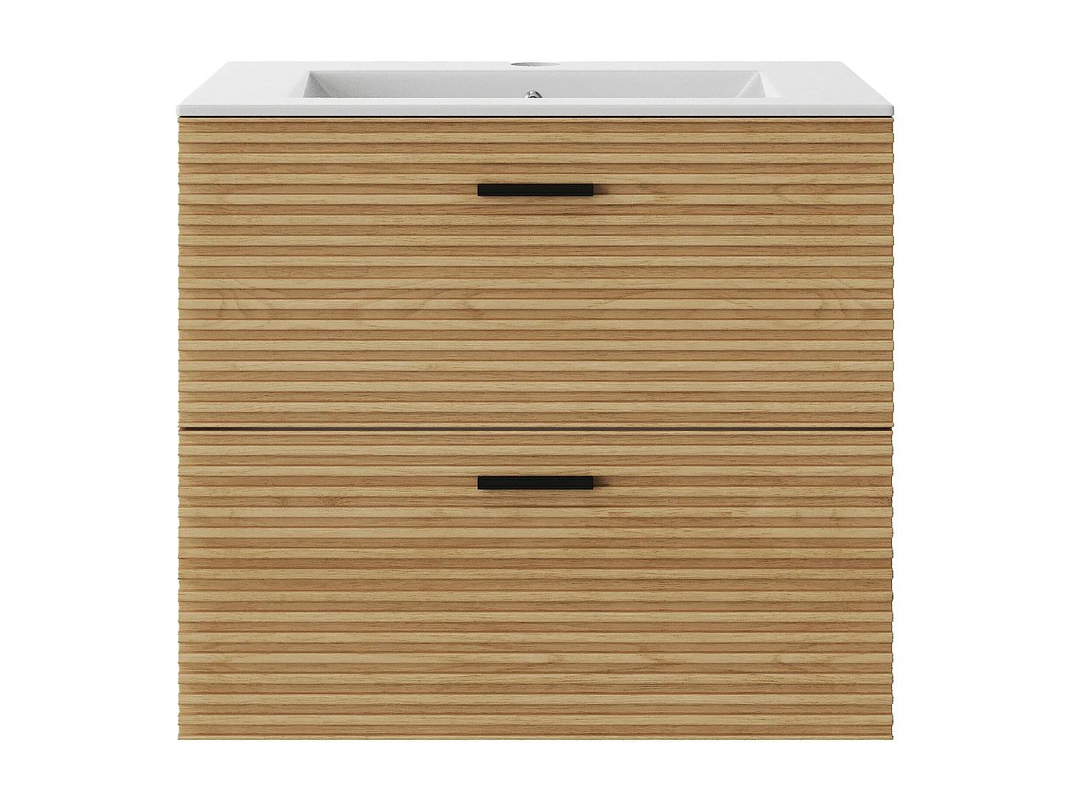 Szafka łazienkowa wisząca  prążkowana z umywalką nablatową - 2 szuflady - Jasne drewno naturalne - 60 cm - SARONE