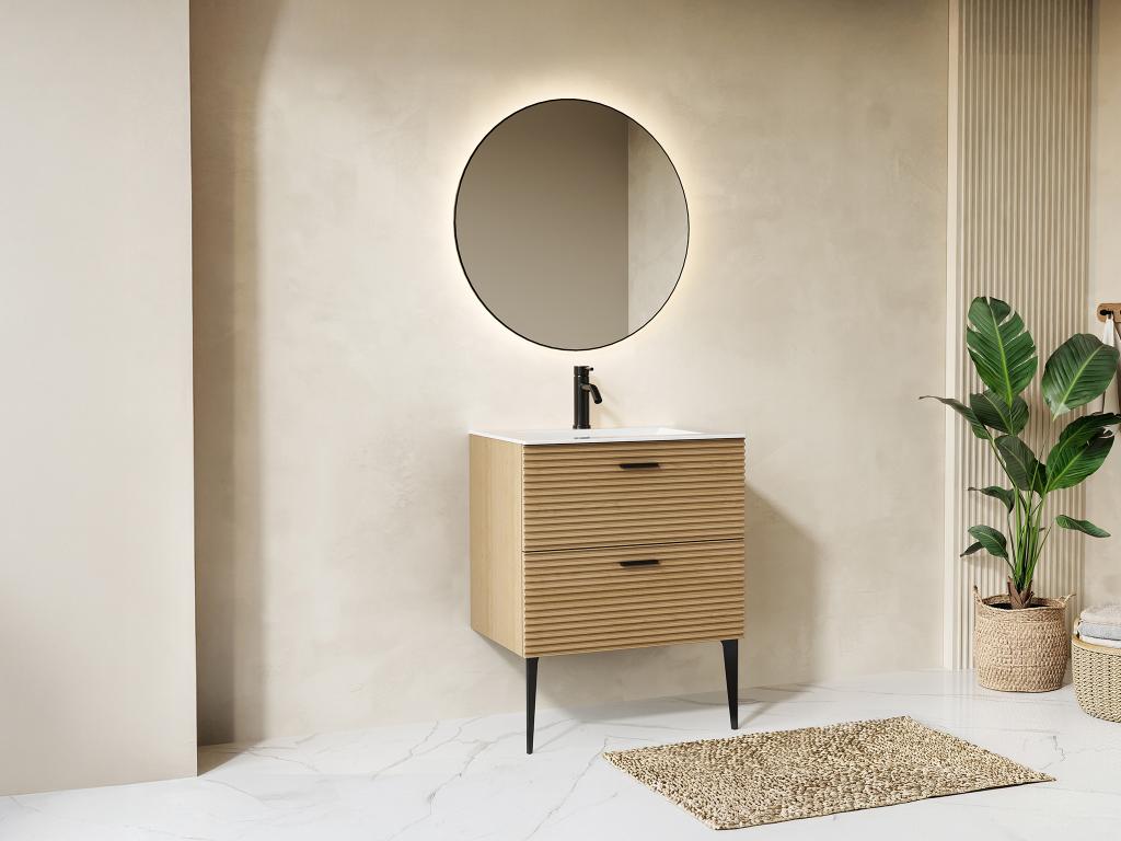 Meuble de salle de bain strié sur pieds avec vasque à encastrer - 2 tiroirs - Naturel clair - 60 cm - SARONE