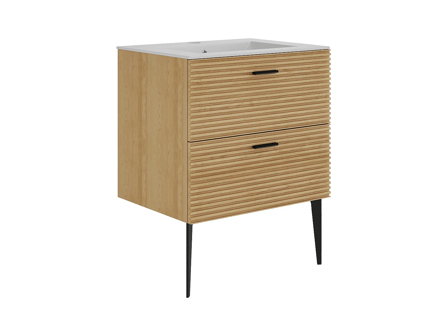Meuble de salle de bain strié sur pieds avec vasque à encastrer - 2 tiroirs - Naturel clair - 60 cm - SARONE