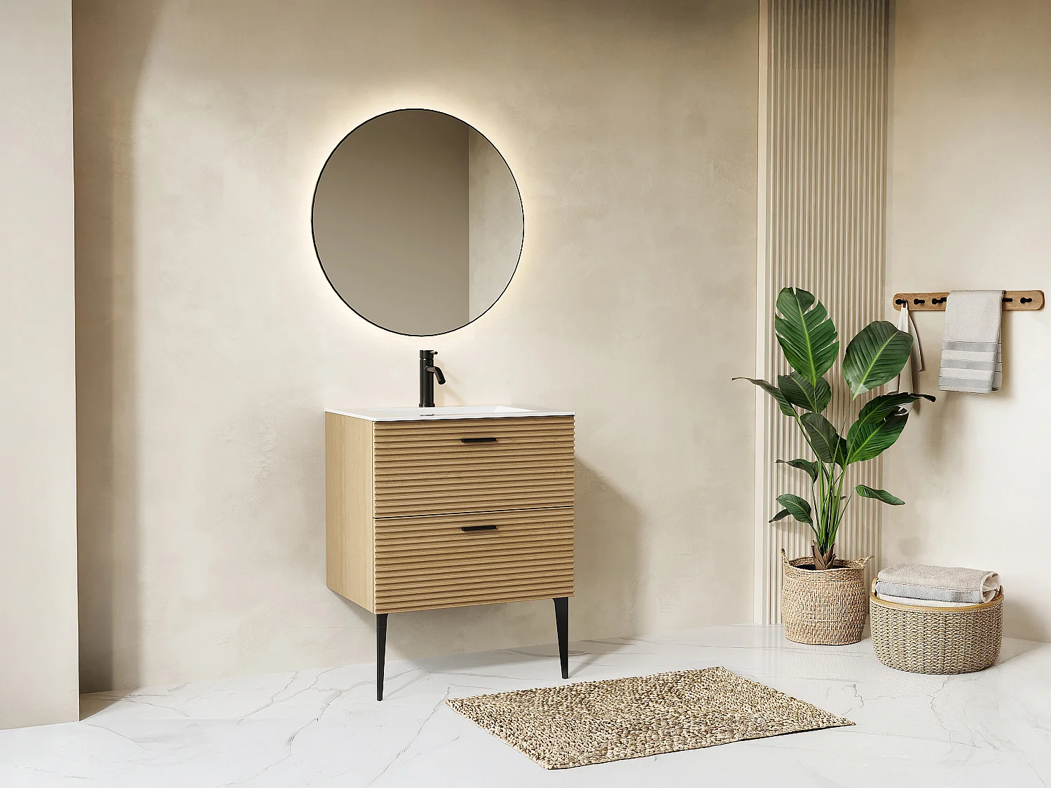 Mueble de baño estriado con patas con lavabo empotrado - 2 cajones - Natural claro - 60 cm - SARONE