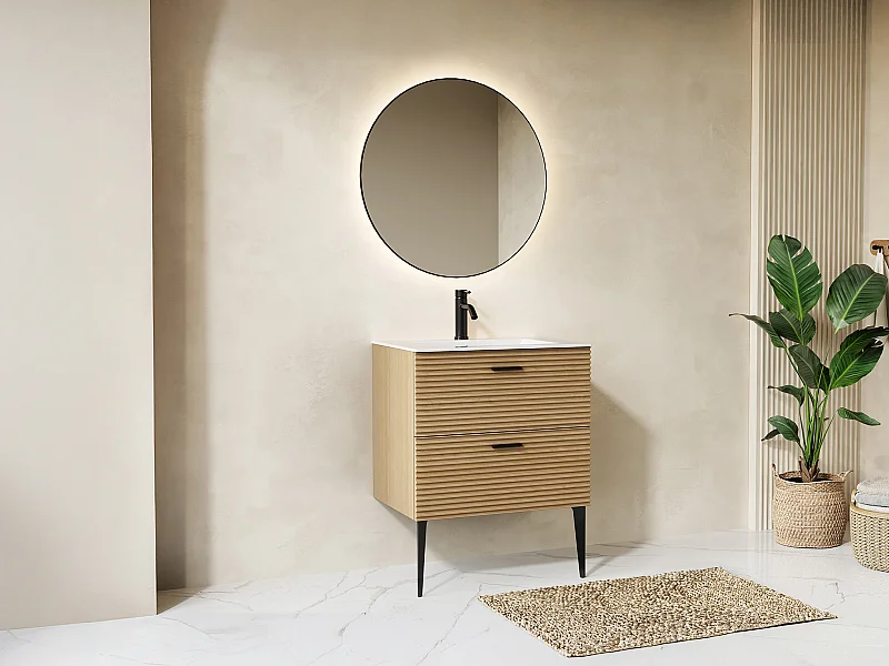 Mobile bagno striato su piedini con lavabo da incasso - 2 cassetti - Naturale chiaro - 60 cm - SARONE