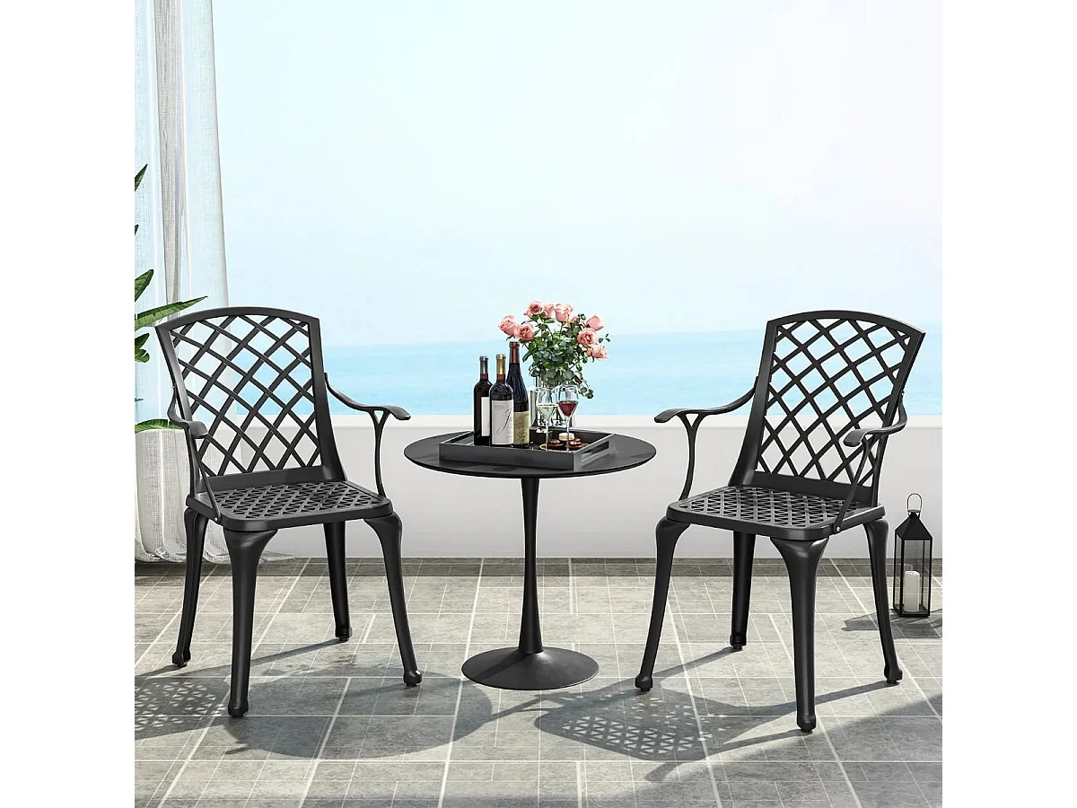 2er Set Gartenstühle aus Aluminiumguss wetterfeste Terrassenstühle mit Armlehnen Schwarz