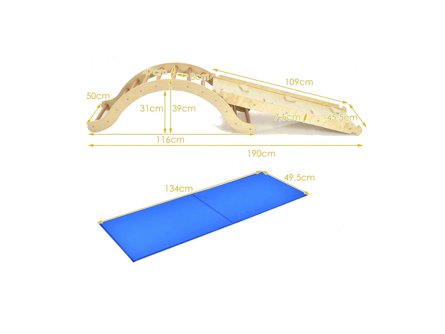 3 in 1 Kinder Kletterleiter Set mit Umkehrbarer Rampe und Kissen zum Klettern und Rutschen Natur + Blau Tragfähigkeit von 60kg