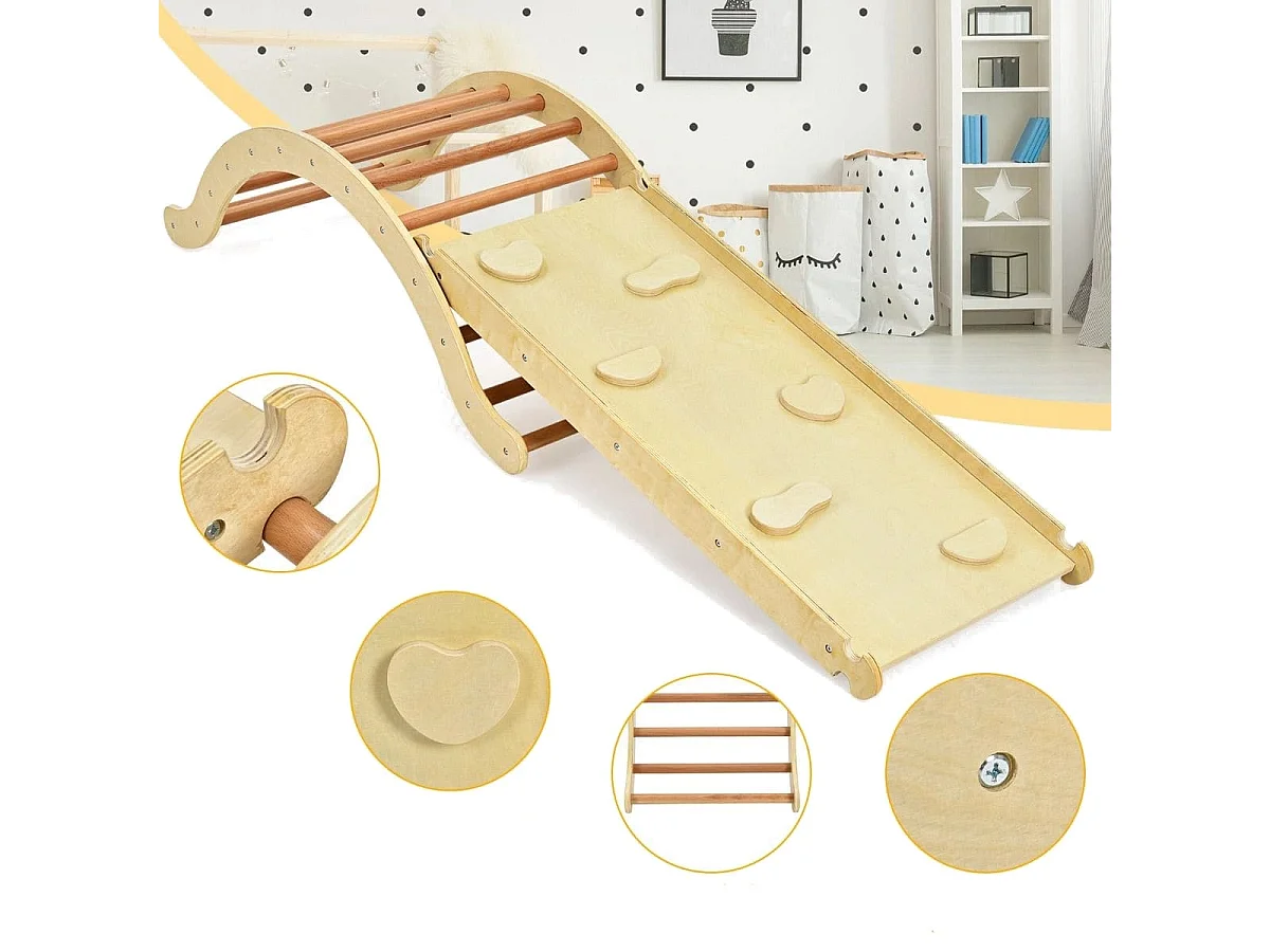 3 in 1 Kinder Kletterleiter Set mit Umkehrbarer Rampe und Kissen zum Klettern und Rutschen Natur + Blau Tragfähigkeit von 60kg