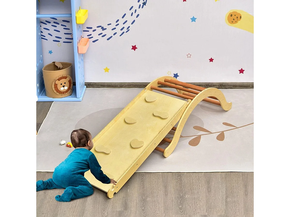 3 in 1 Kinder Kletterleiter Set mit Umkehrbarer Rampe und Kissen zum Klettern und Rutschen Natur + Blau Tragfähigkeit von 60kg