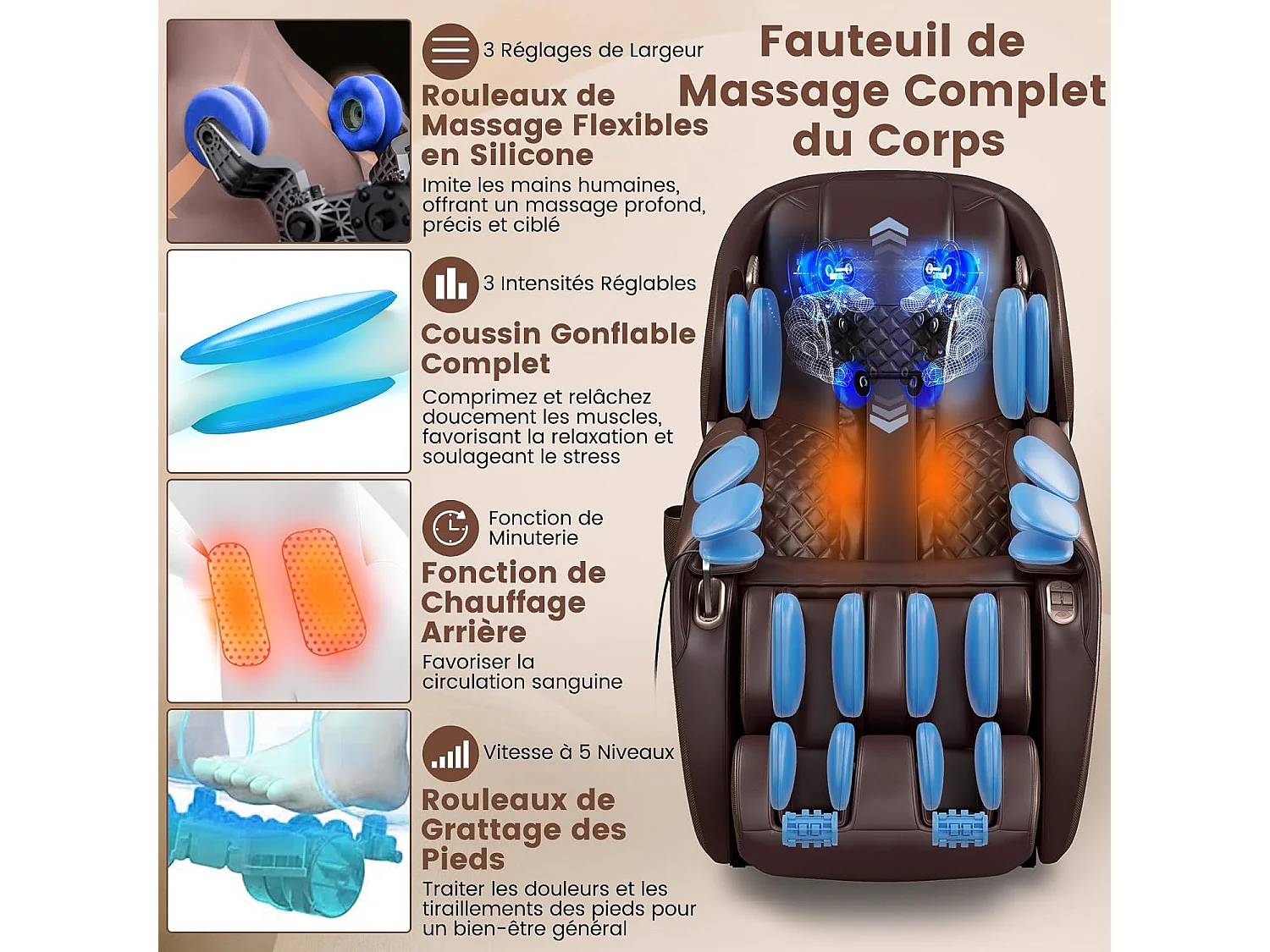 Fauteuil de Massage Électrique, Fauteuil Shiatsu Inclinable Zéro Gravité SL Track avec 12 Modes Prédéfinis Système de Chauffage Massage à Air Intégré (Marron)