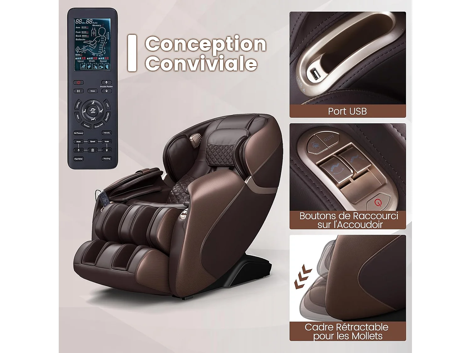 Fauteuil de Massage Électrique, Fauteuil Shiatsu Inclinable Zéro Gravité SL Track avec 12 Modes Prédéfinis Système de Chauffage Massage à Air Intégré (Marron)