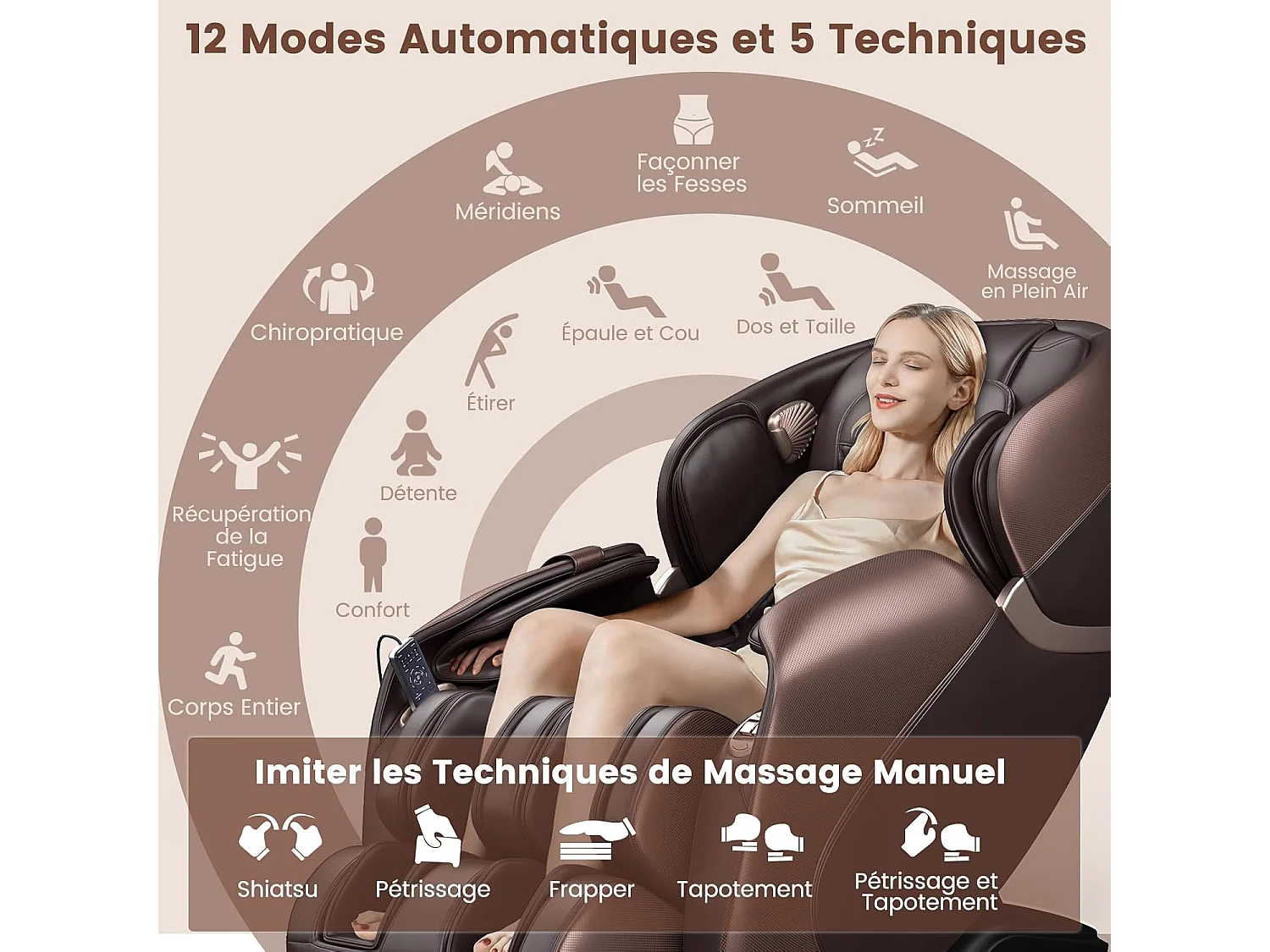 Fauteuil de Massage Électrique, Fauteuil Shiatsu Inclinable Zéro Gravité SL Track avec 12 Modes Prédéfinis Système de Chauffage Massage à Air Intégré (Marron)