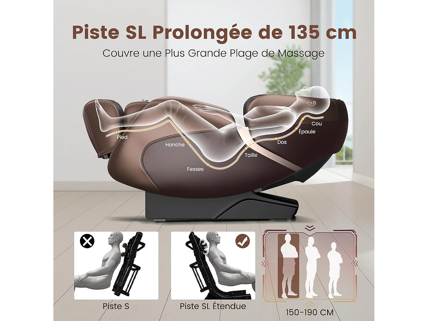 Fauteuil de Massage Électrique, Fauteuil Shiatsu Inclinable Zéro Gravité SL Track avec 12 Modes Prédéfinis Système de Chauffage Massage à Air Intégré (Marron)