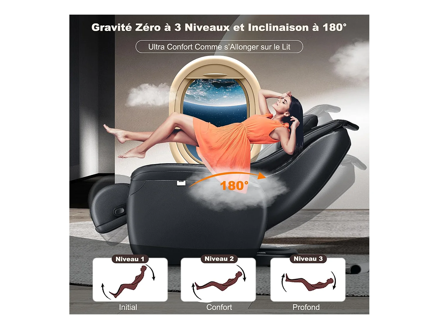 Fauteuil de Massage à Gravité Zéro avec Rail SL, Inclinable avec Massage Complet du Corps Chauffage du Dos Détection Auto des Épaules (Noir)