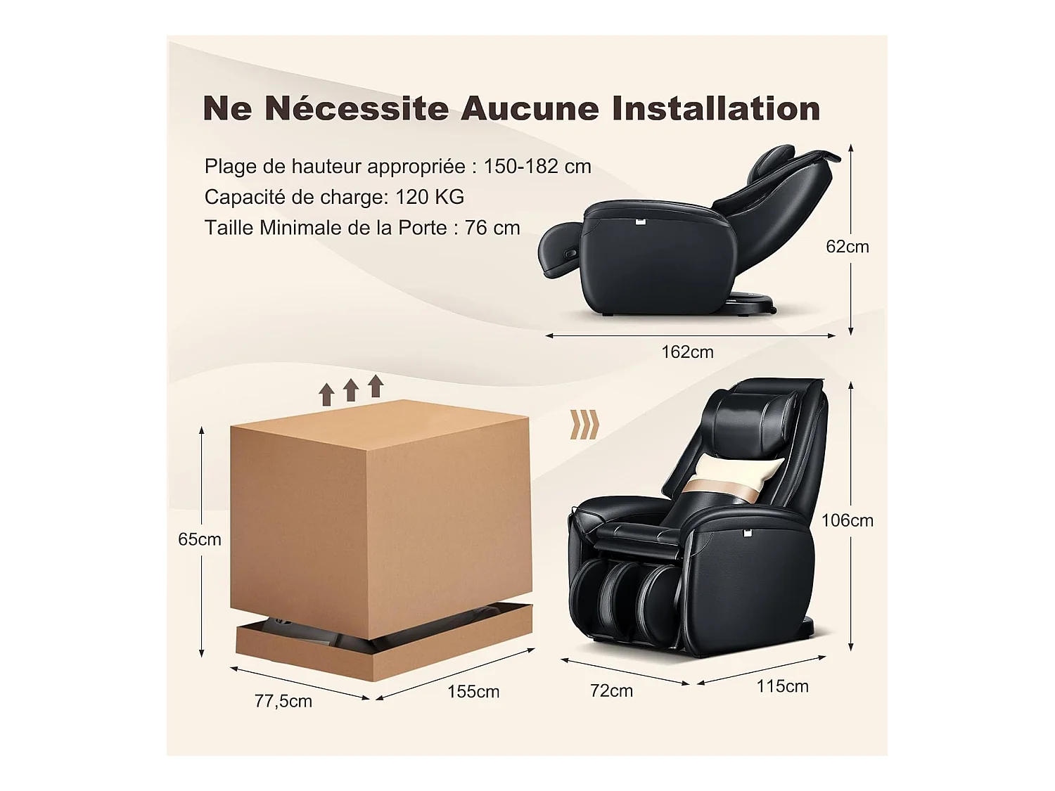 Fauteuil de Massage à Gravité Zéro avec Rail SL, Inclinable avec Massage Complet du Corps Chauffage du Dos Détection Auto des Épaules (Noir)