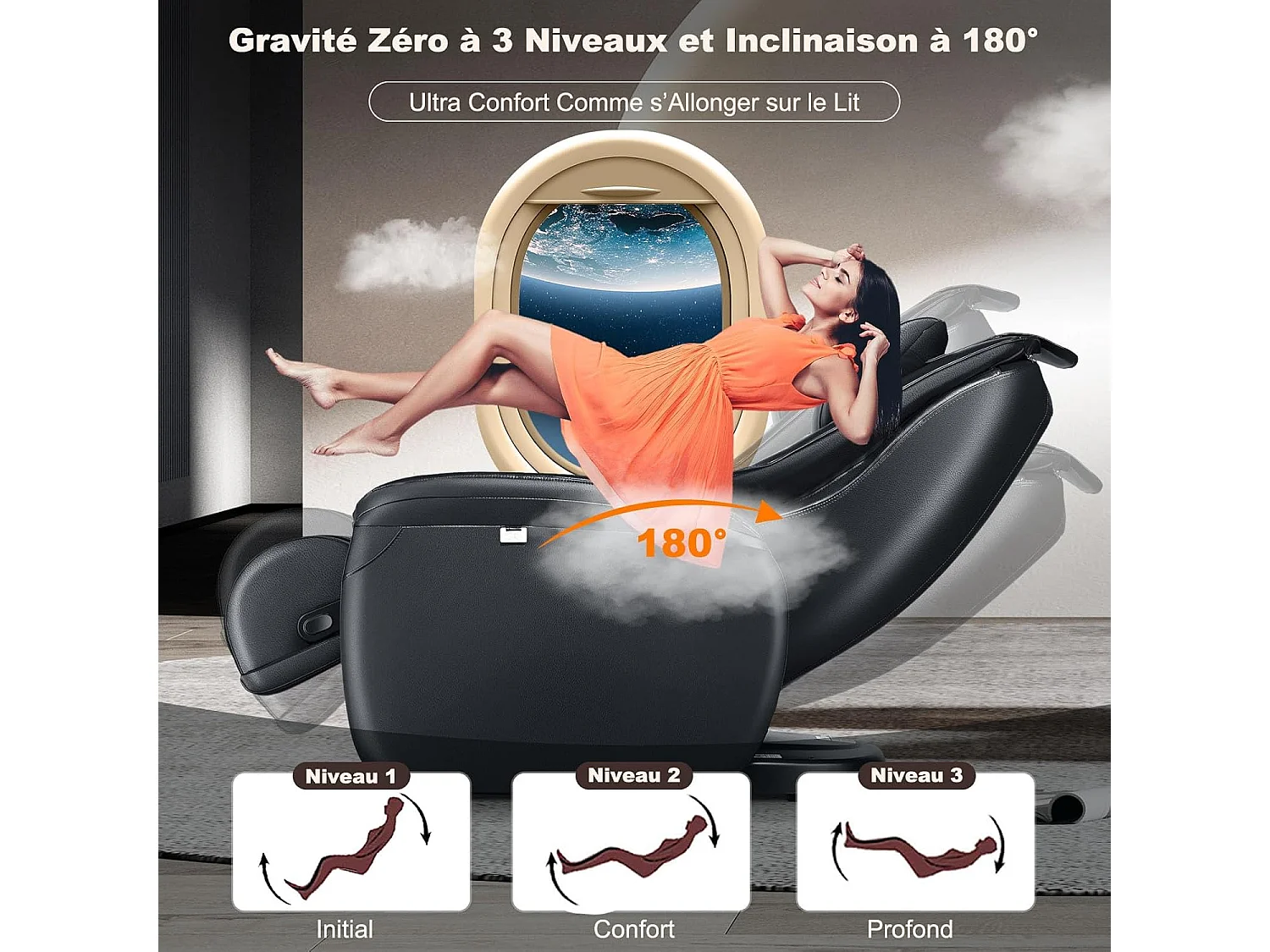 Fauteuil de Massage à Gravité Zéro avec Rail SL, Inclinable avec Massage Complet du Corps Chauffage du Dos Détection Auto des Épaules (Noir)
