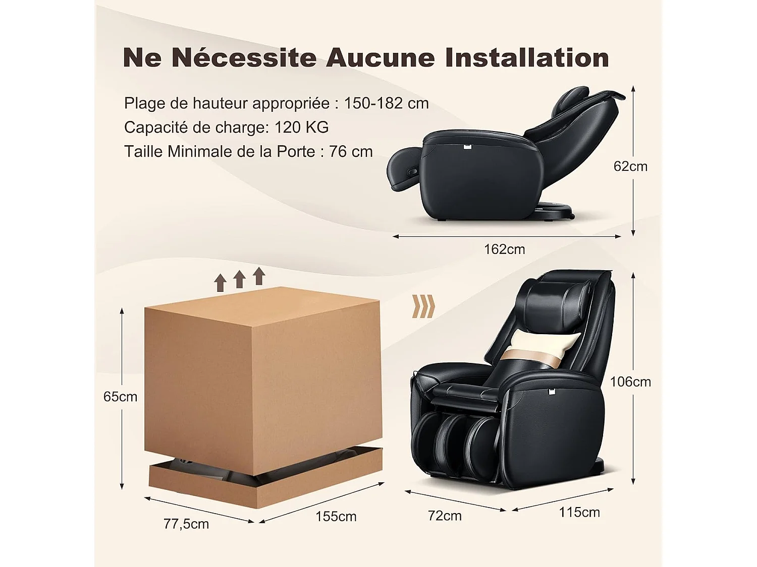 Fauteuil de Massage à Gravité Zéro avec Rail SL, Inclinable avec Massage Complet du Corps Chauffage du Dos Détection Auto des Épaules (Noir)
