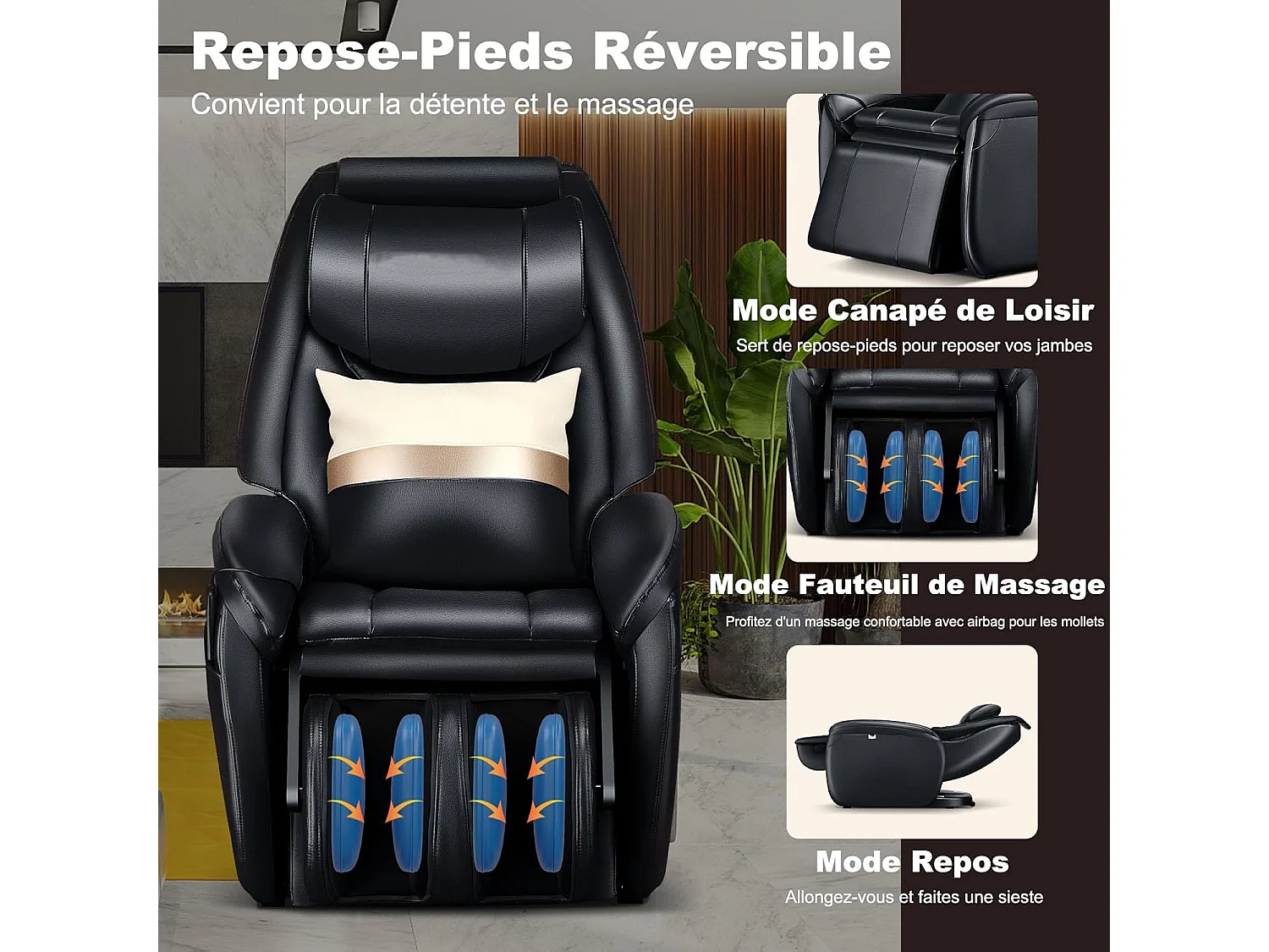 Fauteuil de Massage à Gravité Zéro avec Rail SL, Inclinable avec Massage Complet du Corps Chauffage du Dos Détection Auto des Épaules (Noir)