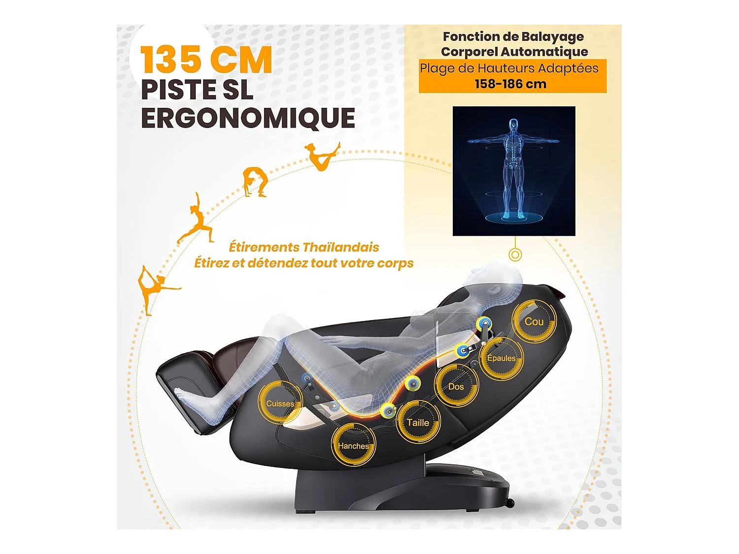 Fauteuil de Massage Électrique, Fauteuil de Massage Shiatsu Rail SL avec 12 Programmes Automatiques, 6 Techniques de Massage et Rouleau pour Pieds (Brun)