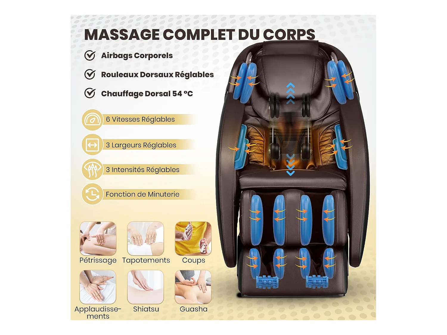 Fauteuil de Massage Électrique, Fauteuil de Massage Shiatsu Rail SL avec 12 Programmes Automatiques, 6 Techniques de Massage et Rouleau pour Pieds (Brun)