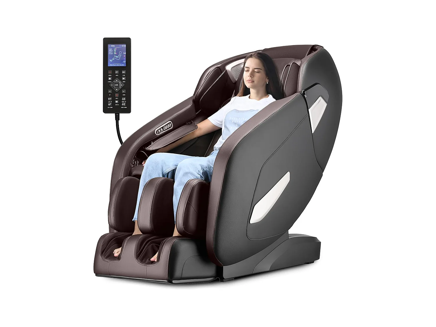 Fauteuil de Massage Électrique, Fauteuil de Massage Shiatsu Rail SL avec 12 Programmes Automatiques, 6 Techniques de Massage et Rouleau pour Pieds (Brun)