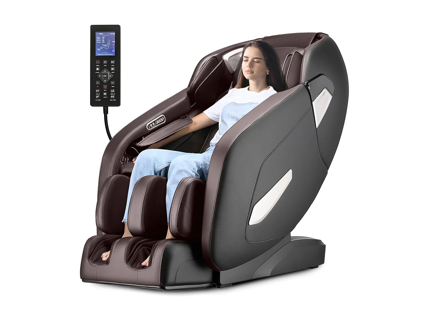 Fauteuil de Massage Électrique, Fauteuil de Massage Shiatsu Rail SL avec 12 Programmes Automatiques, 6 Techniques de Massage et Rouleau pour Pieds (Brun)