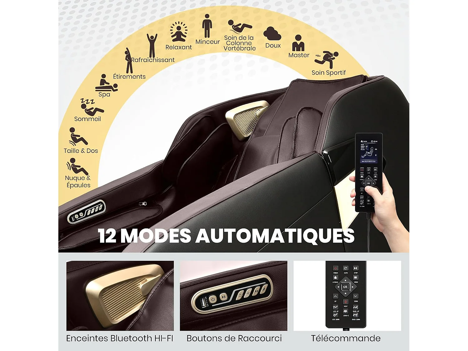 Fauteuil de Massage Électrique, Fauteuil de Massage Shiatsu Rail SL avec 12 Programmes Automatiques, 6 Techniques de Massage et Rouleau pour Pieds (Brun)