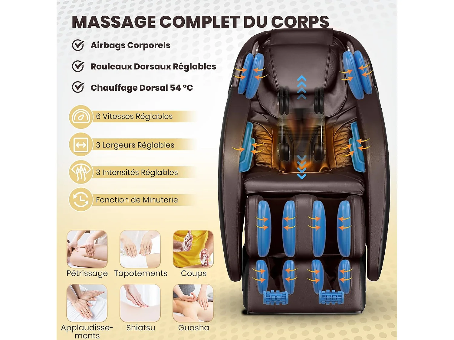 Fauteuil de Massage Électrique, Fauteuil de Massage Shiatsu Rail SL avec 12 Programmes Automatiques, 6 Techniques de Massage et Rouleau pour Pieds (Brun)